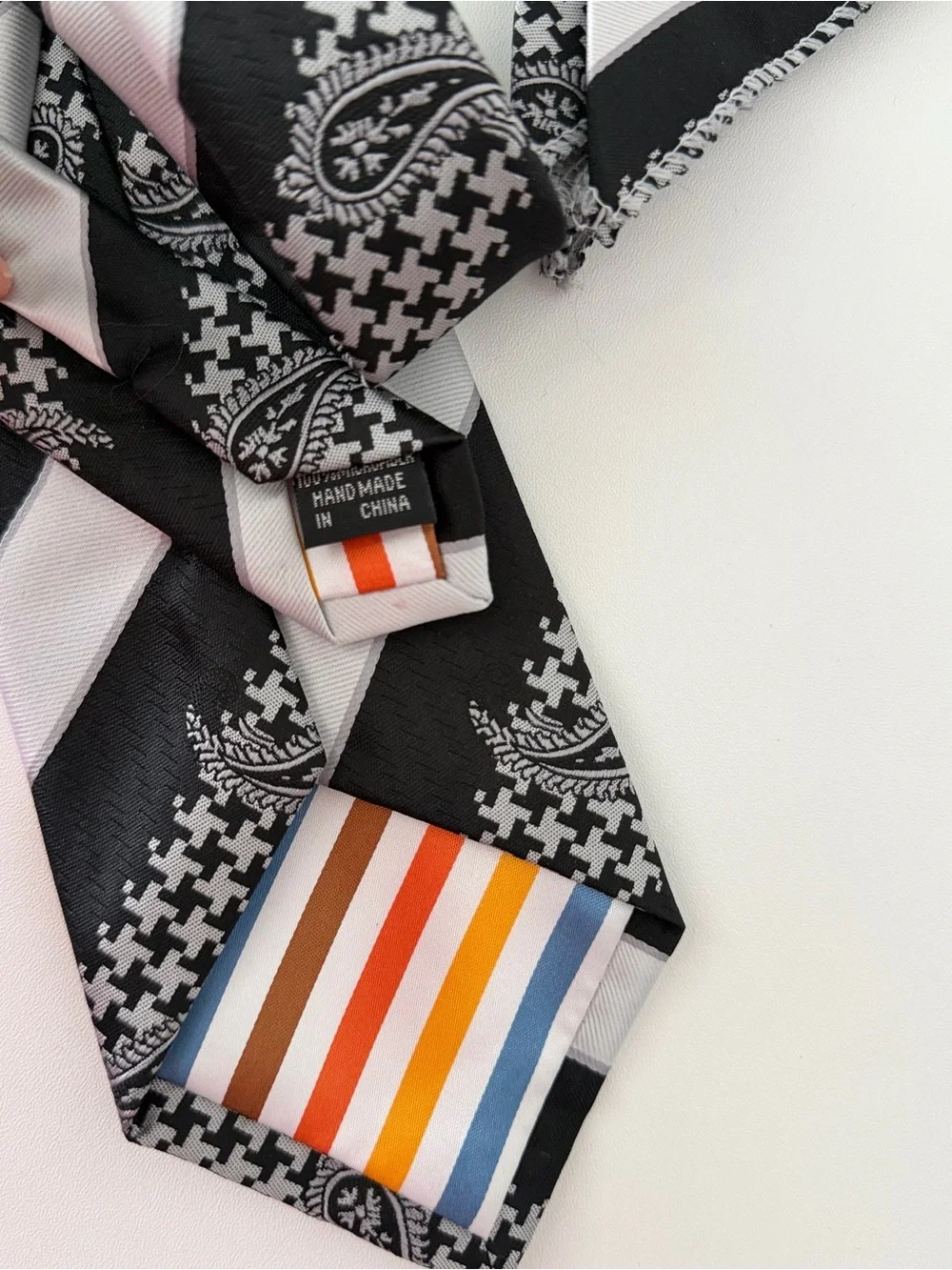Henri Picard Men’s Black White Paisley Houndstooth Striped Tie & Pocket Square